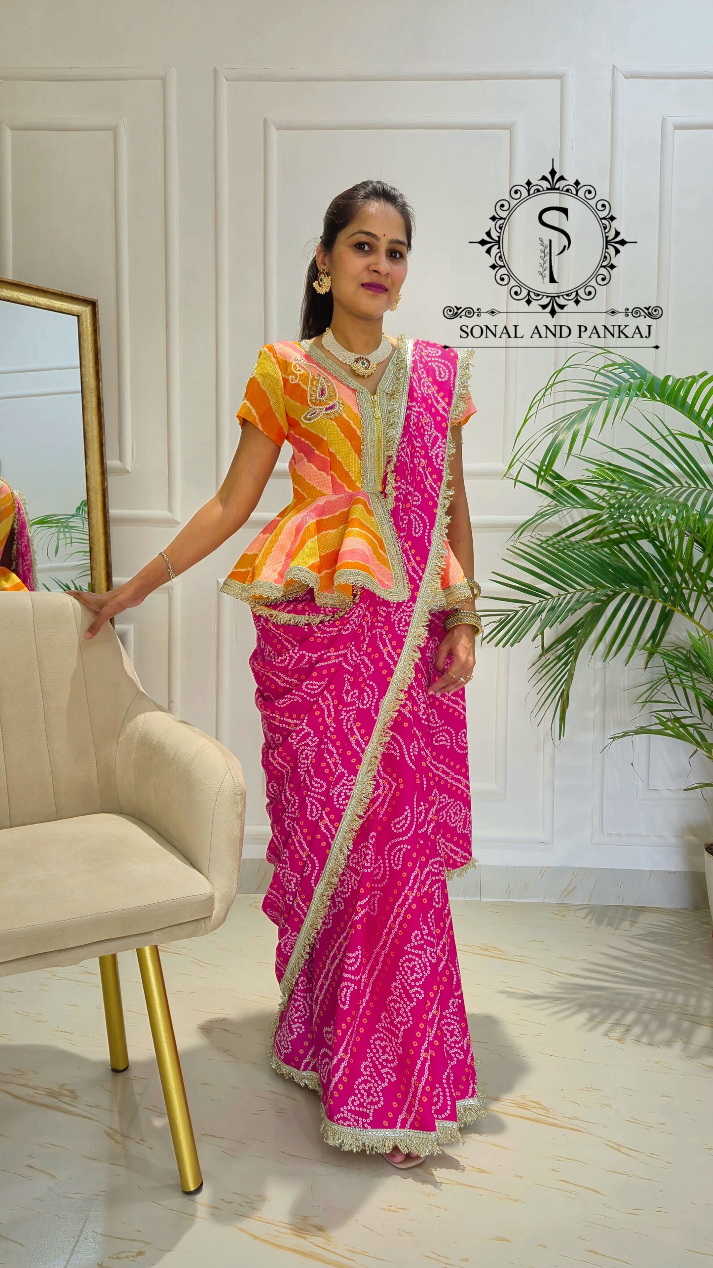 Gotta Patti Hand Embroidered Shaded Peplum Style Top & Bandhani Print Saree - SA01616