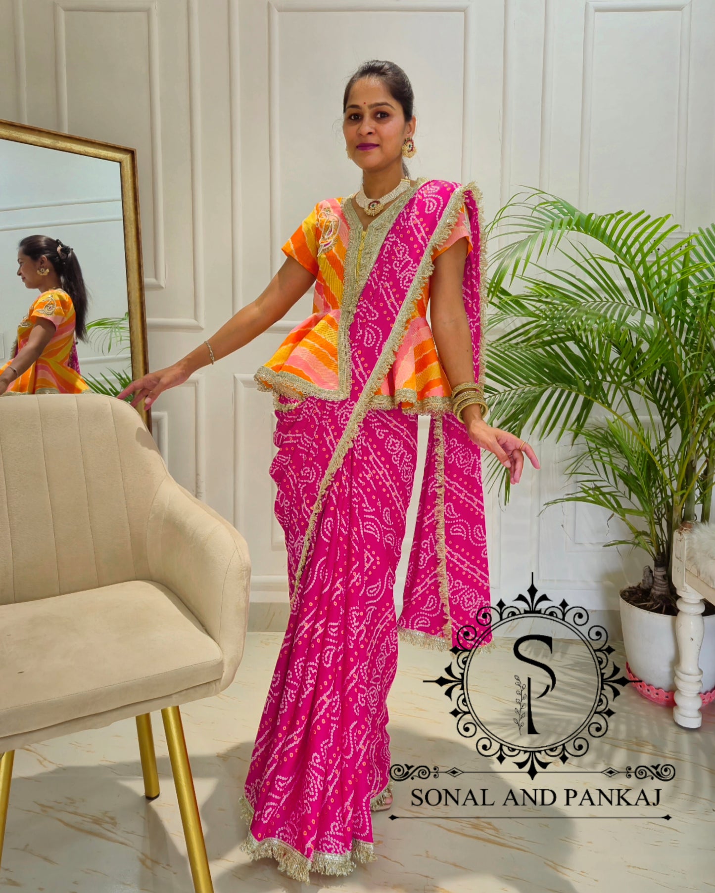 Gotta Patti Hand Embroidered Shaded Peplum Style Top & Bandhani Print Saree - SA01616