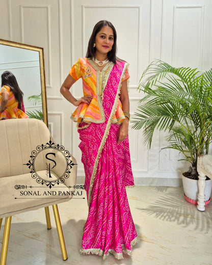 Gotta Patti Hand Embroidered Shaded Peplum Style Top & Bandhani Print Saree - SA01616