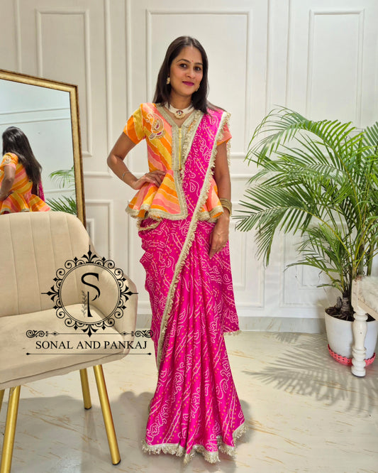 Gotta Patti Hand Embroidered Shaded Peplum Style Top & Bandhani Print Saree - SA01616