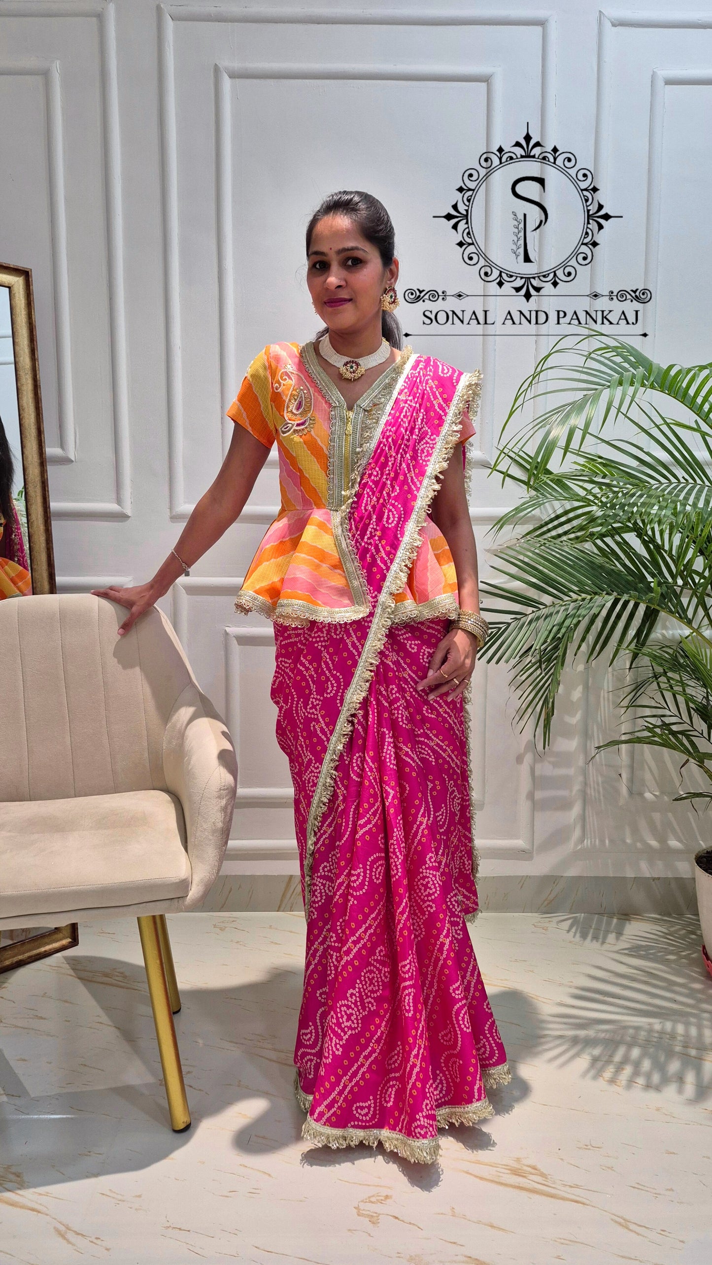 Gotta Patti Hand Embroidered Shaded Peplum Style Top & Bandhani Print Saree - SA01616