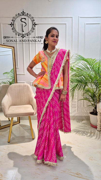 Gotta Patti Hand Embroidered Shaded Peplum Style Top & Bandhani Print Saree - SA01616