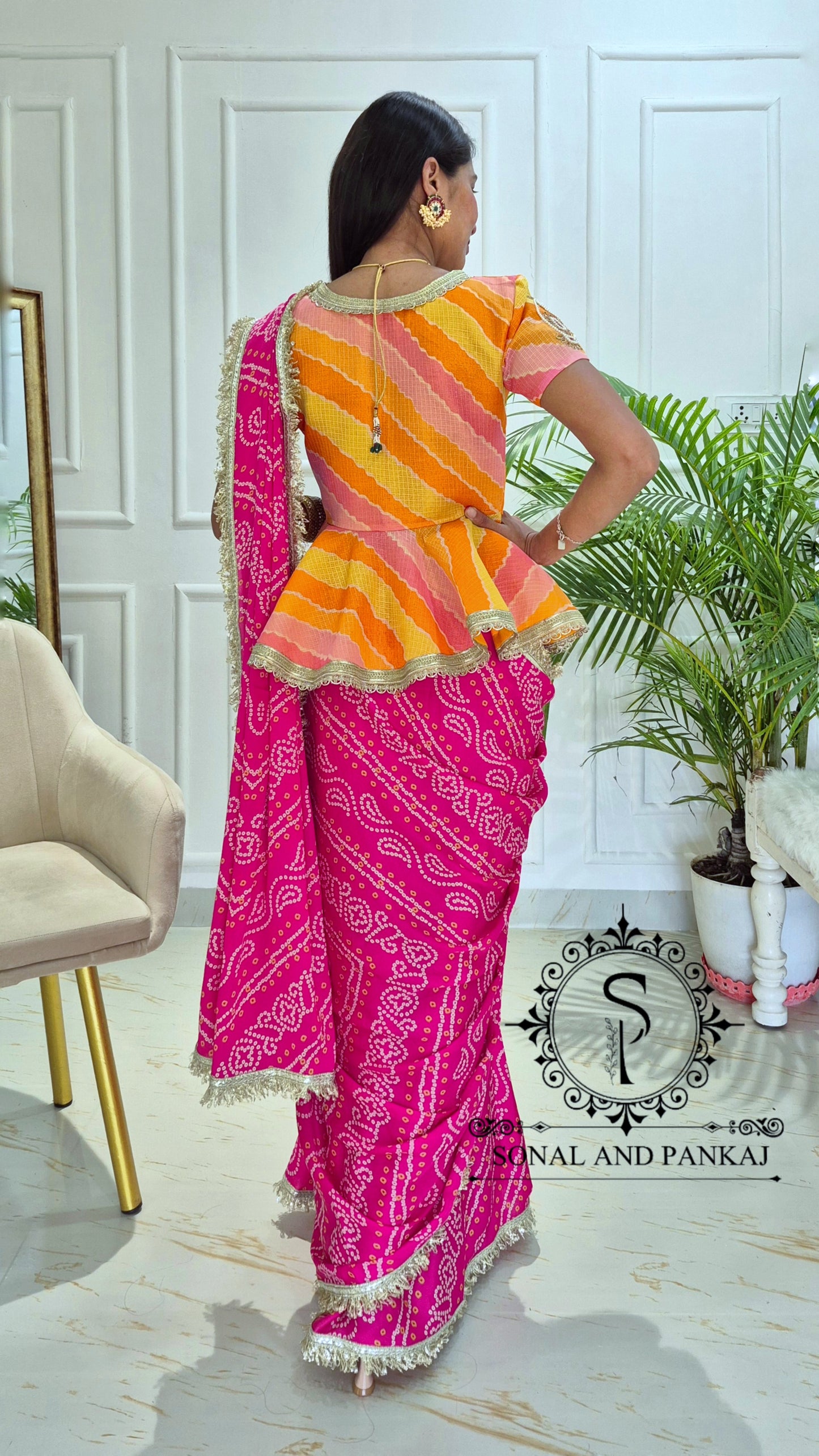 Gotta Patti Hand Embroidered Shaded Peplum Style Top & Bandhani Print Saree - SA01616
