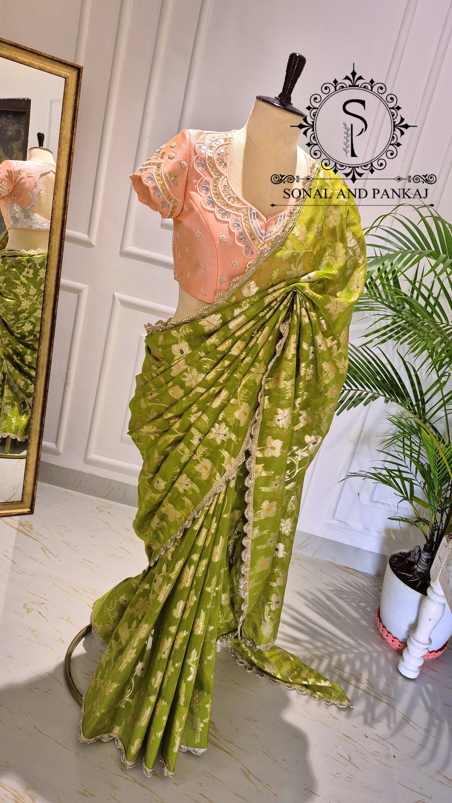 Peach Gotta Patti Hand Embroidered Blouse With Olive Green Floral Jaal Saree - SA01573