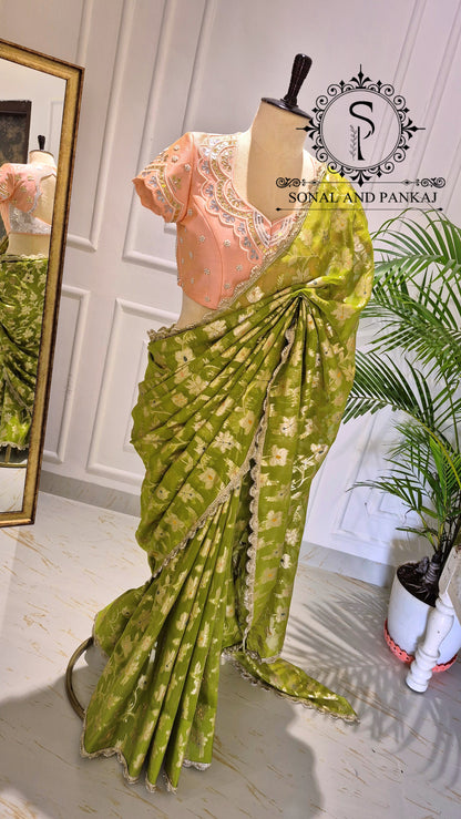 Peach Gotta Patti Hand Embroidered Blouse With Olive Green Floral Jaal Saree - SA01573