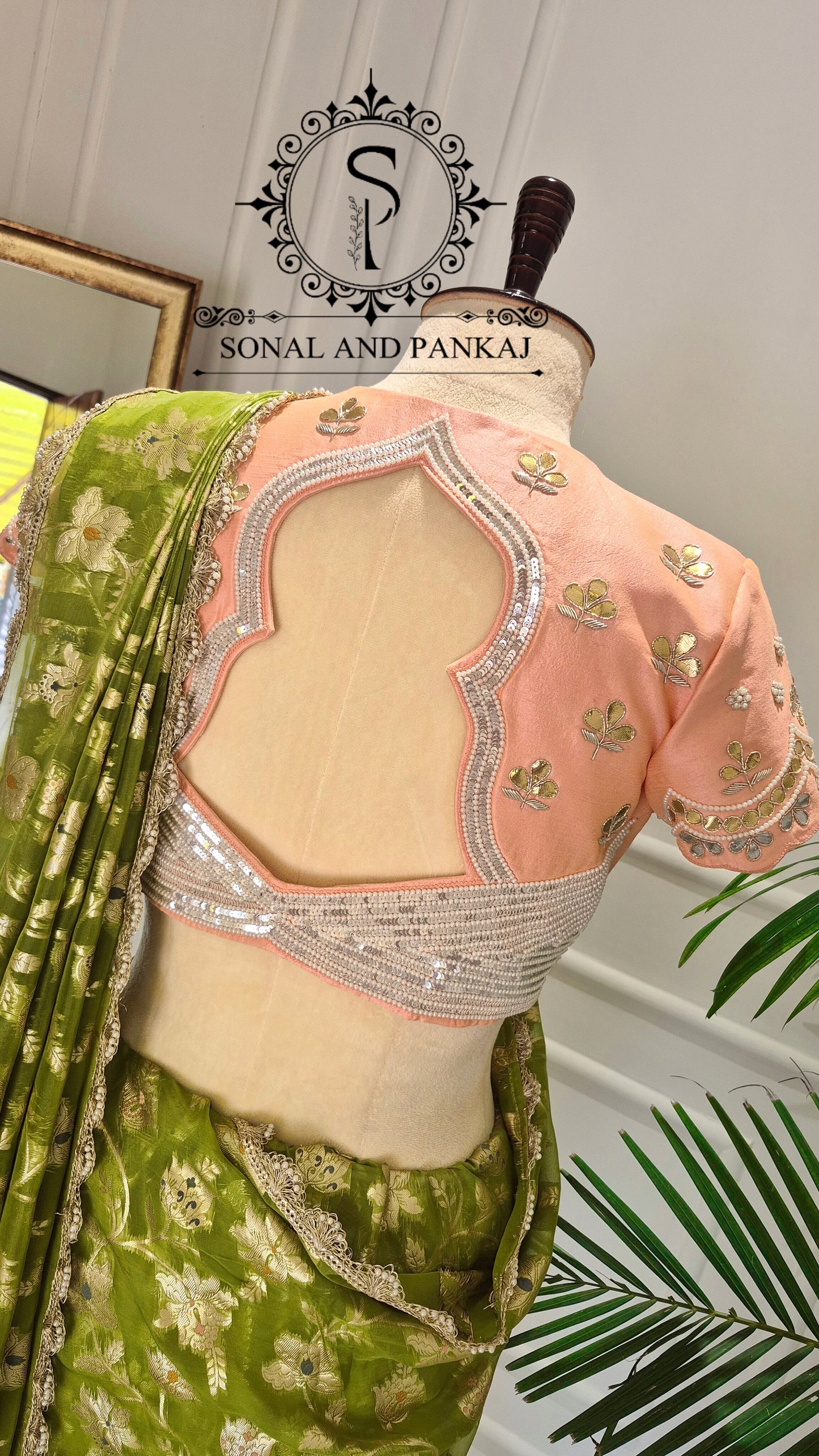 Peach Gotta Patti Hand Embroidered Blouse With Olive Green Floral Jaal Saree - SA01573