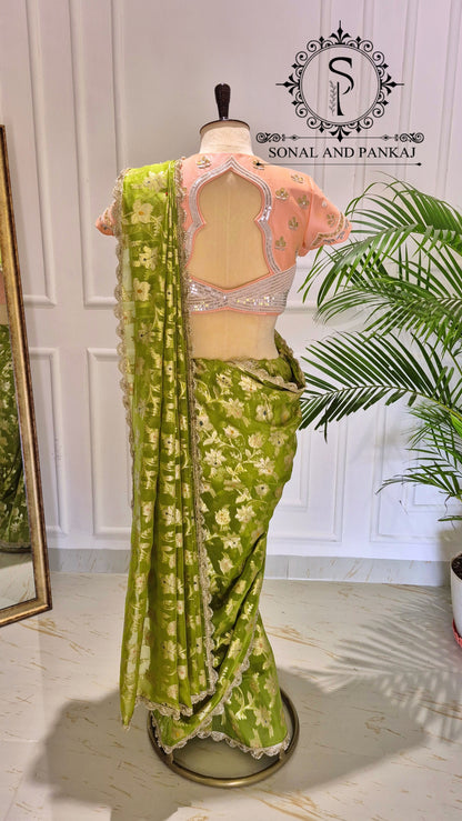 Peach Gotta Patti Hand Embroidered Blouse With Olive Green Floral Jaal Saree - SA01573
