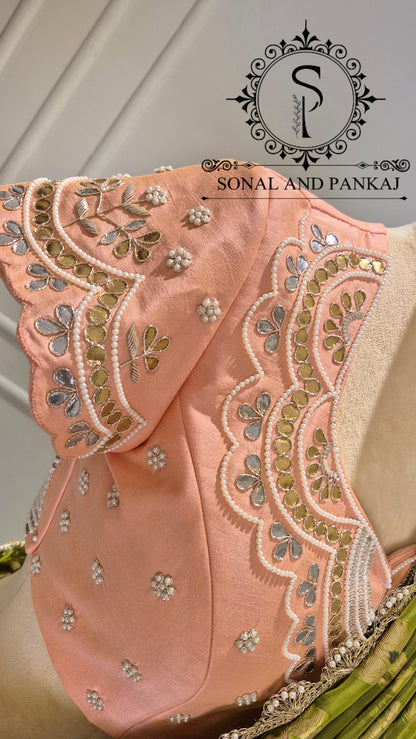 Peach Gotta Patti Hand Embroidered Blouse With Olive Green Floral Jaal Saree - SA01573