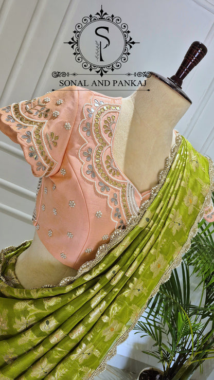 Peach Gotta Patti Hand Embroidered Blouse With Olive Green Floral Jaal Saree - SA01573