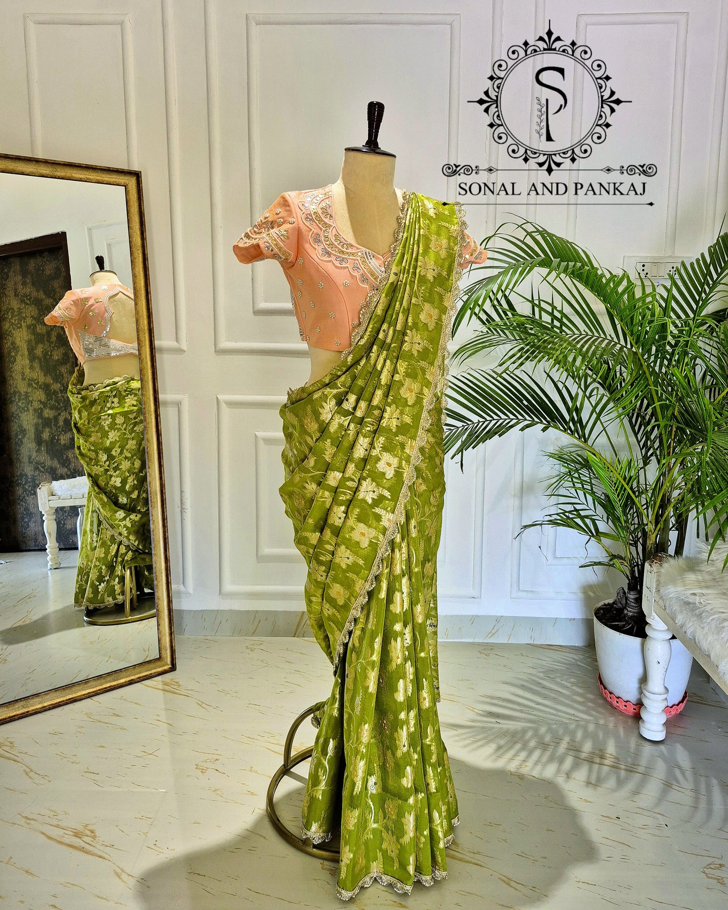 Peach Gotta Patti Hand Embroidered Blouse With Olive Green Floral Jaal Saree - SA01573