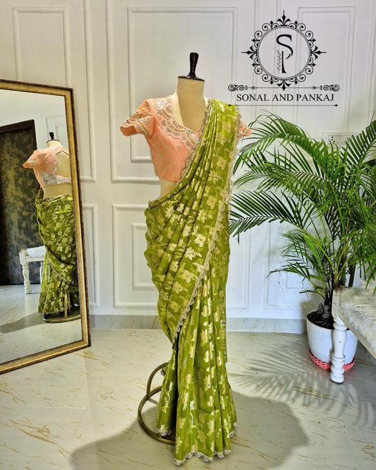 Peach Gotta Patti Hand Embroidered Blouse With Olive Green Floral Jaal Saree - SA01573