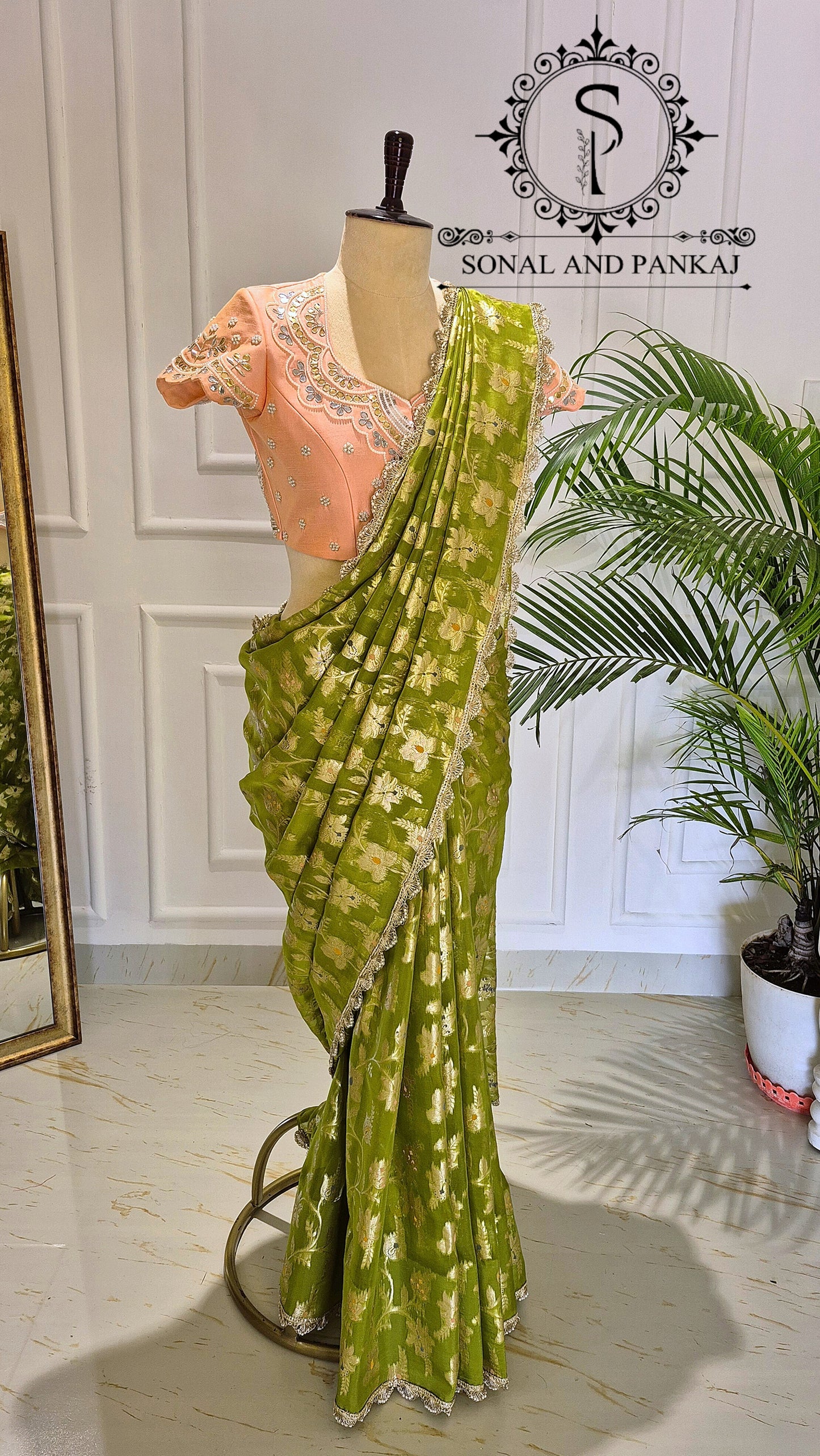 Peach Gotta Patti Hand Embroidered Blouse With Olive Green Floral Jaal Saree - SA01573