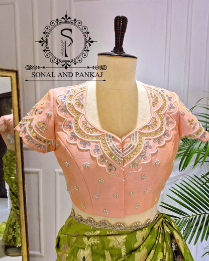Peach Gotta Patti Hand Embroidered Blouse With Olive Green Floral Jaal Saree - SA01573