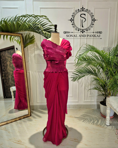 Desi Girl Vibe - Cherry Pink Top & Pre-pleated Saree - SA01619