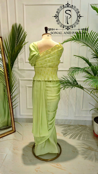 Desi Girl Vibe - Lime Matcha Top & Pre-pleated Saree - SA01635