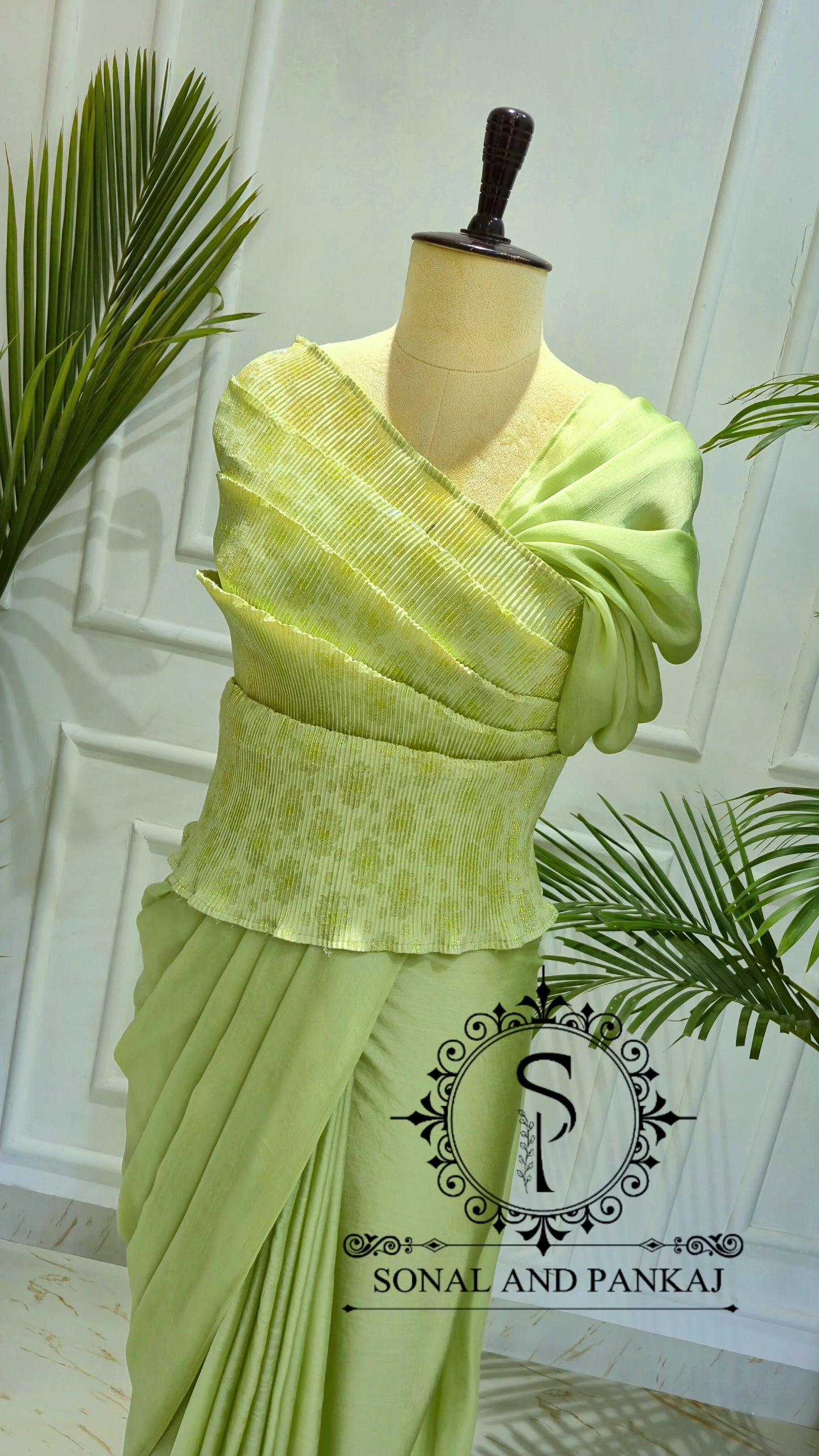 Desi Girl Vibe - Lime Matcha Top & Pre-pleated Saree - SA01635