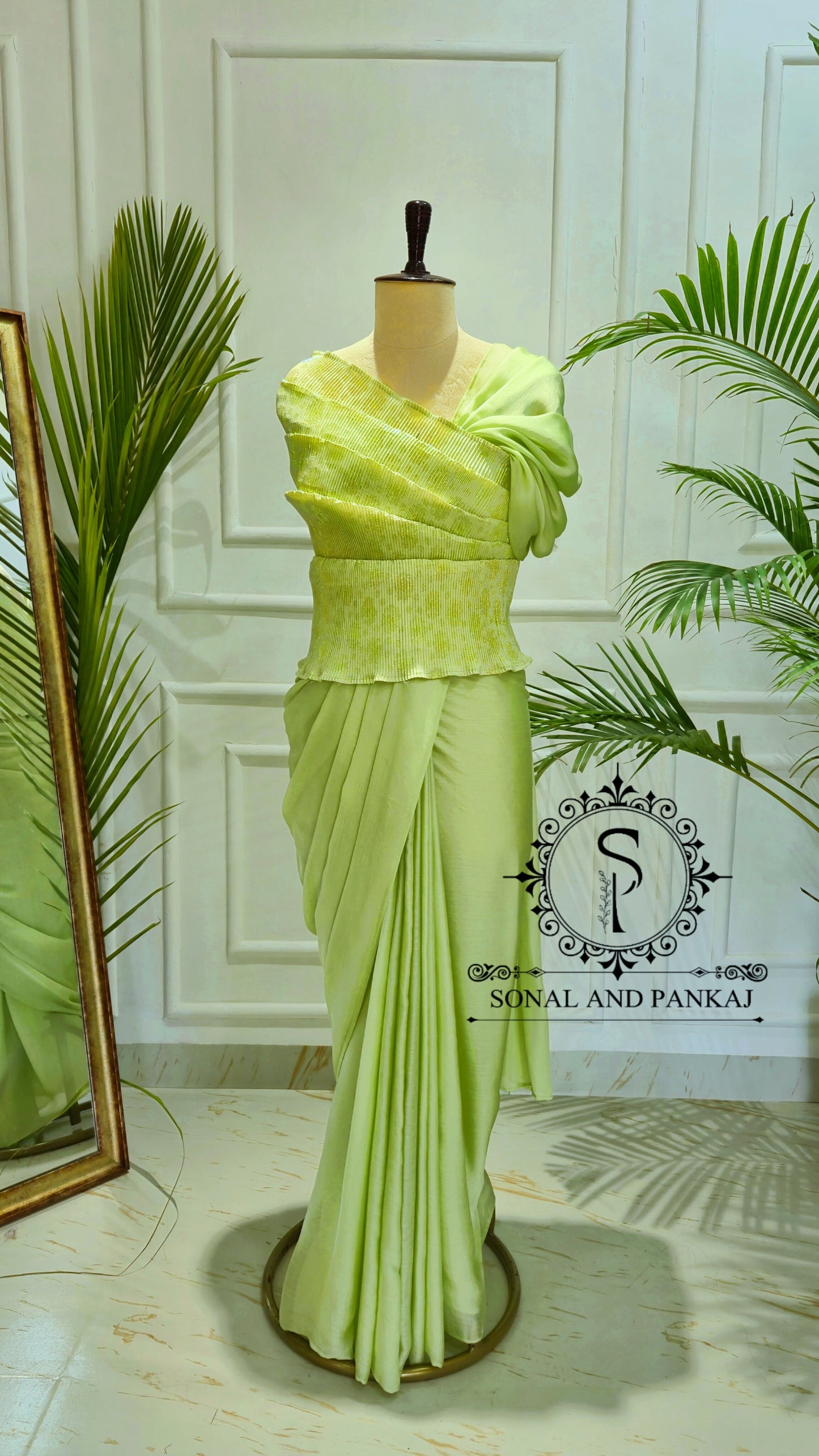 Desi Girl Vibe - Lime Matcha Top & Pre-pleated Saree - SA01635