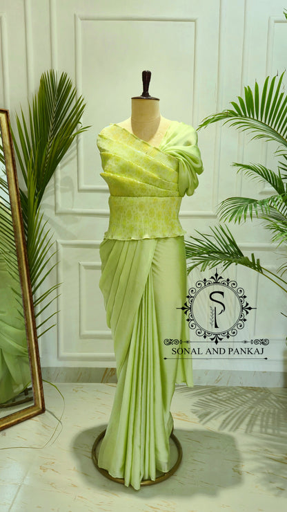 Desi Girl Vibe - Lime Matcha Top & Pre-pleated Saree - SA01635