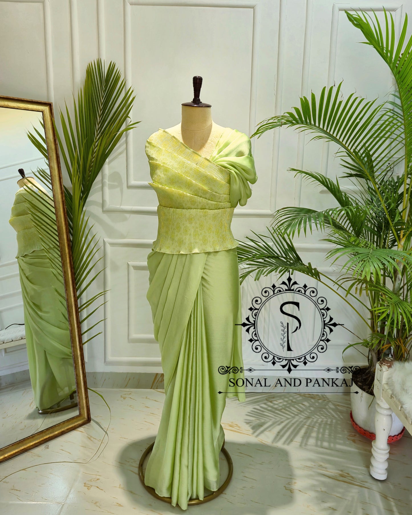Desi Girl Vibe - Lime Matcha Top & Pre-pleated Saree - SA01635