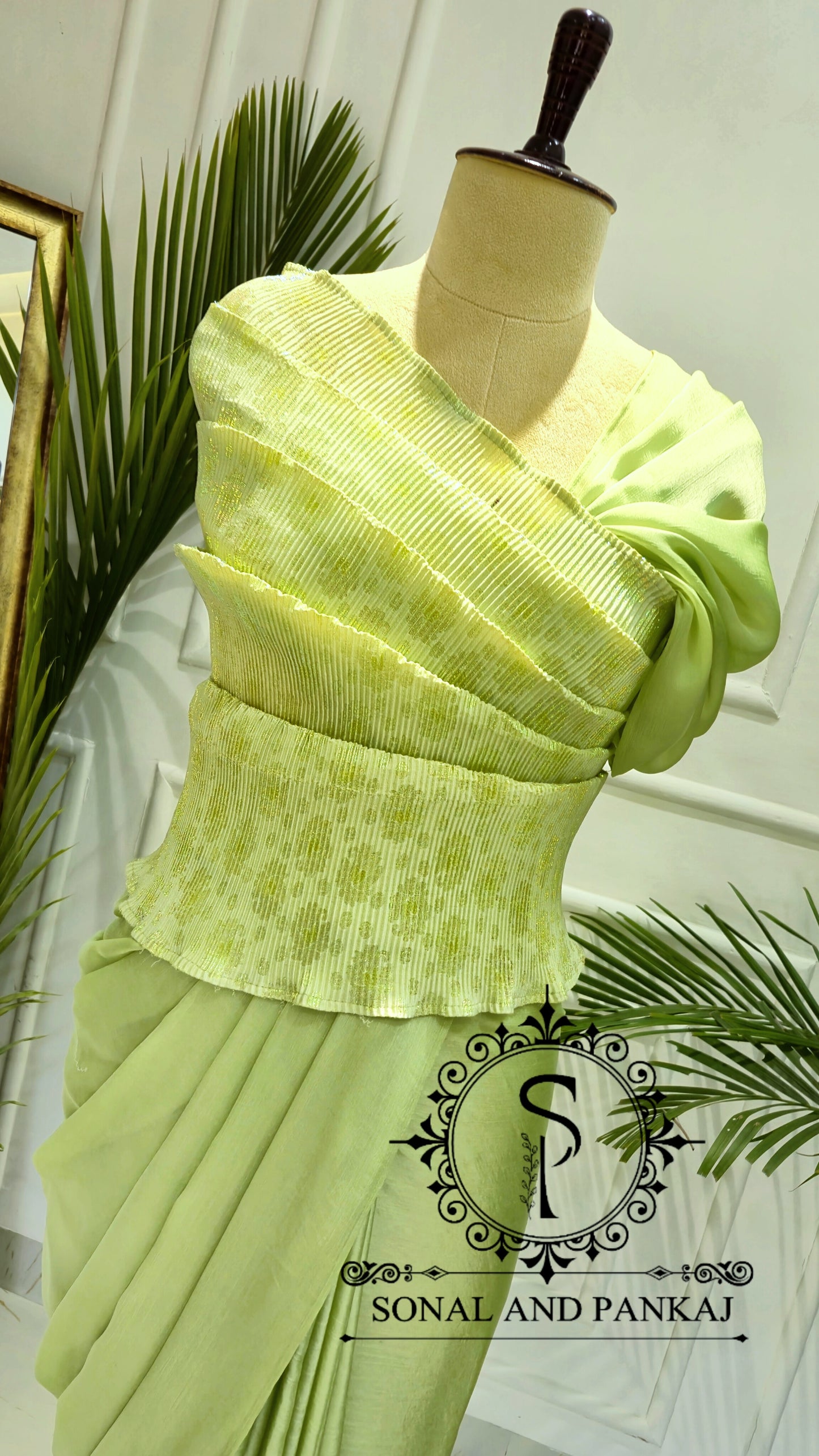 Desi Girl Vibe - Lime Matcha Top & Pre-pleated Saree - SA01635