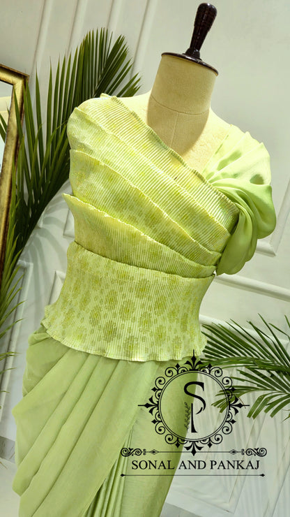 Desi Girl Vibe - Lime Matcha Top & Pre-pleated Saree - SA01635