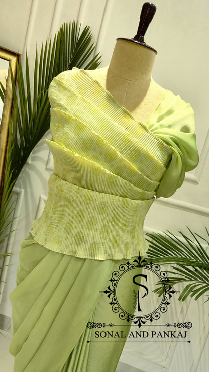 Desi Girl Vibe - Lime Matcha Top & Pre-pleated Saree - SA01635