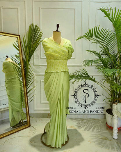 Desi Girl Vibe - Lime Matcha Top & Pre-pleated Saree - SA01635