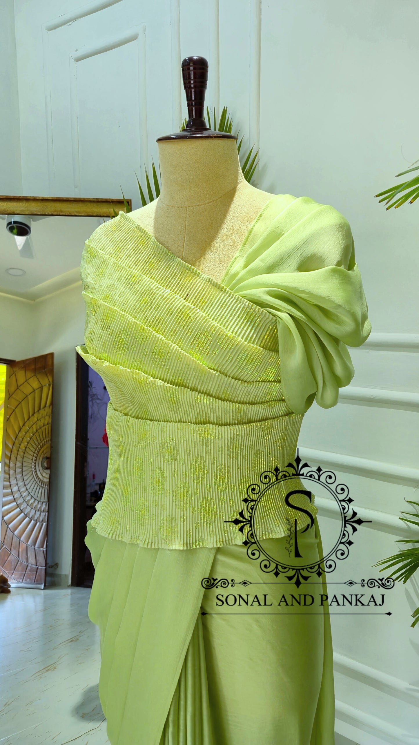 Desi Girl Vibe - Lime Matcha Top & Pre-pleated Saree - SA01635