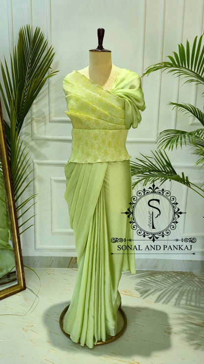 Desi Girl Vibe - Lime Matcha Top & Pre-pleated Saree - SA01635