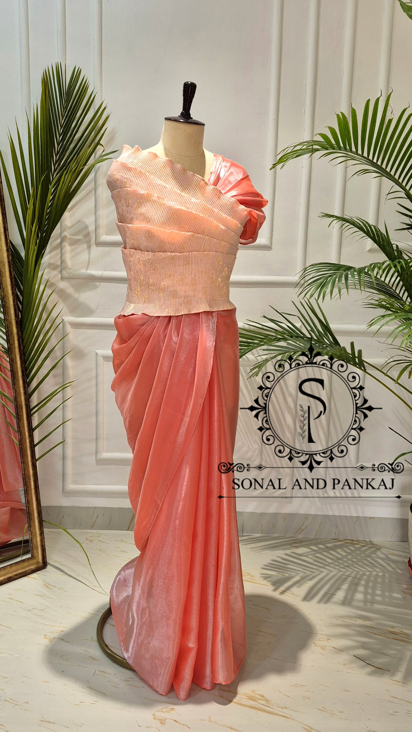 Desi Girl Vibe - Sun Kissed Peach Top & Pre-pleated Saree - SA01634