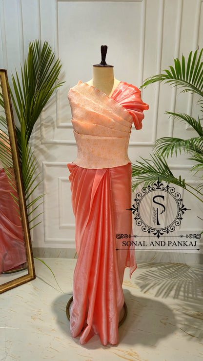 Desi Girl Vibe - Sun Kissed Peach Top & Pre-pleated Saree - SA01634