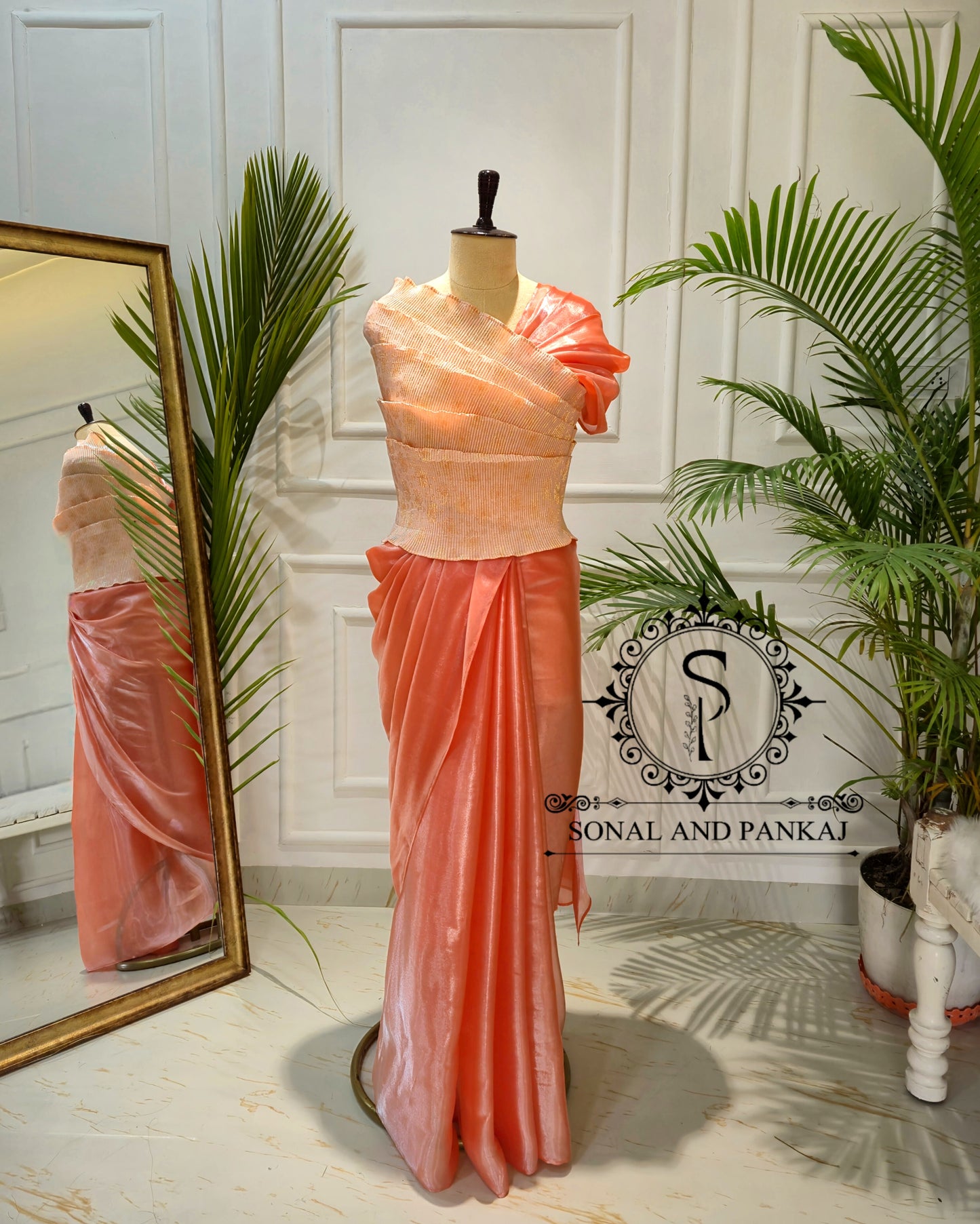 Desi Girl Vibe - Sun Kissed Peach Top & Pre-pleated Saree - SA01634
