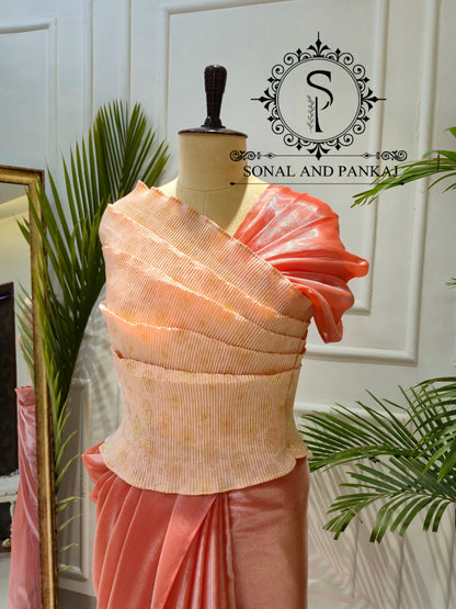 Desi Girl Vibe - Sun Kissed Peach Top & Pre-pleated Saree - SA01634