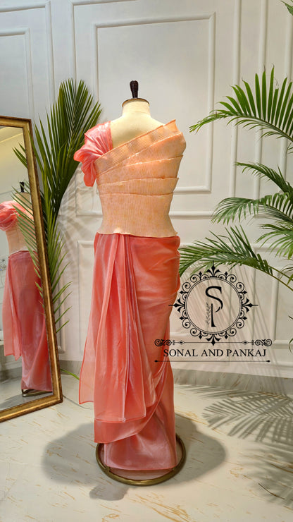 Desi Girl Vibe - Sun Kissed Peach Top & Pre-pleated Saree - SA01634