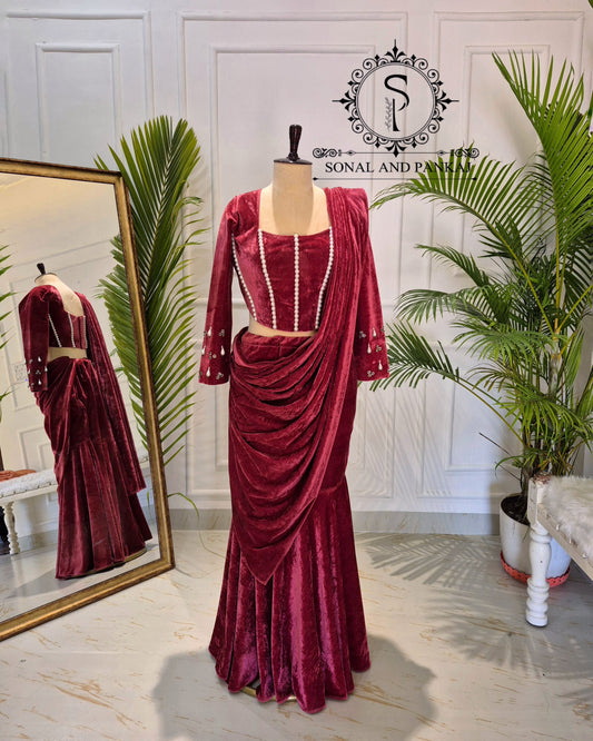 Sari imprimé bandhani rouge prêt à porter avec chemisier brodé à la main - SA00806