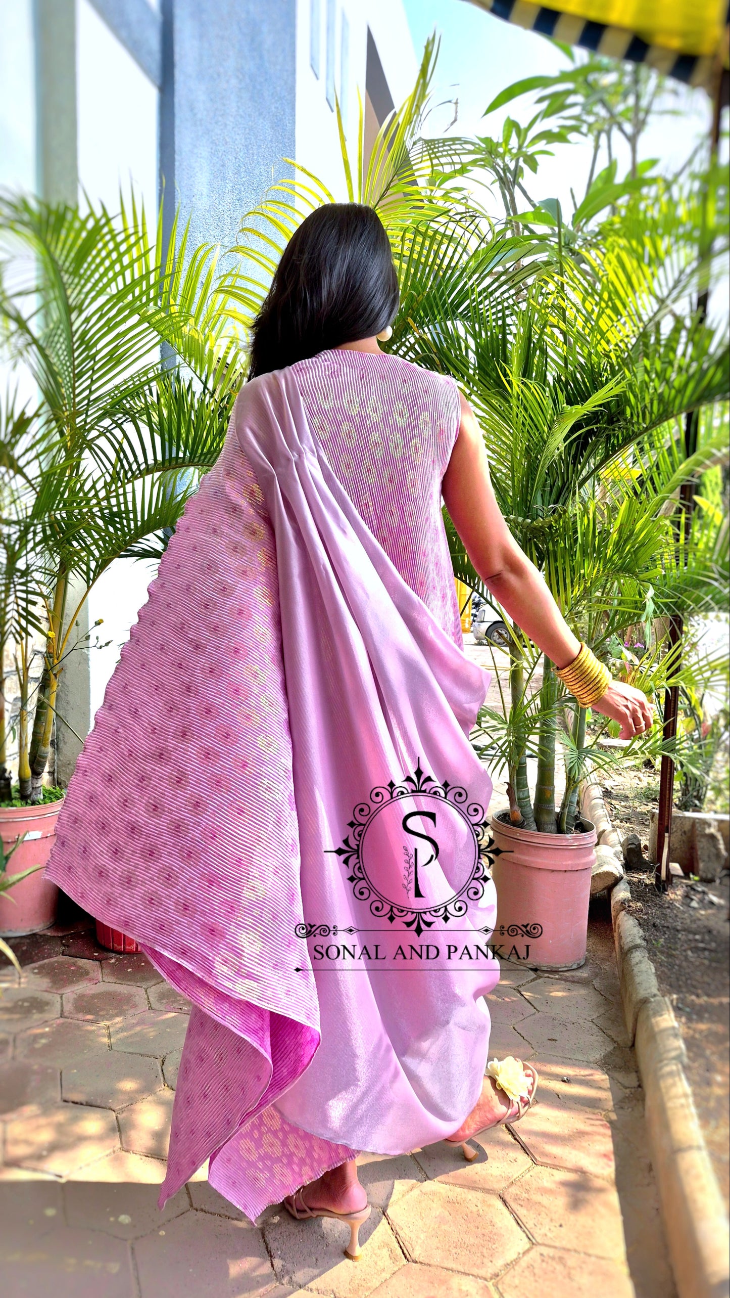 Lusty Lavender Metallic Pleated Resort Wear Kaftan With Cowl Cape - RW01644