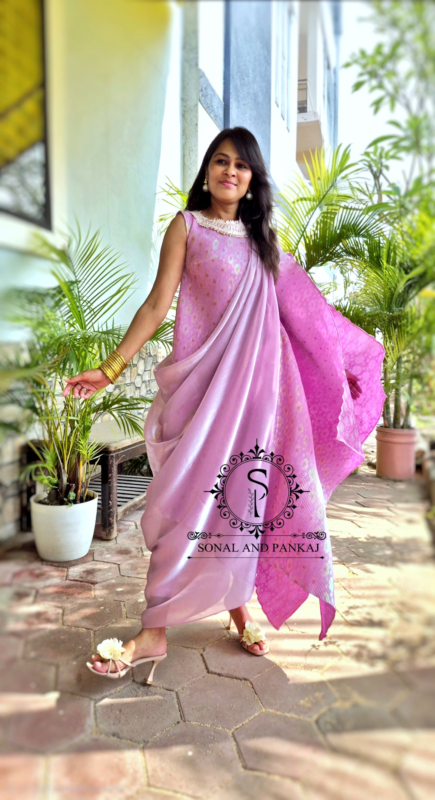 Lusty Lavender Metallic Pleated Resort Wear Kaftan With Cowl Cape - RW01644