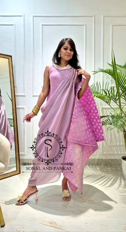 Lusty Lavender Metallic Pleated Resort Wear Kaftan With Cowl Cape - RW01644