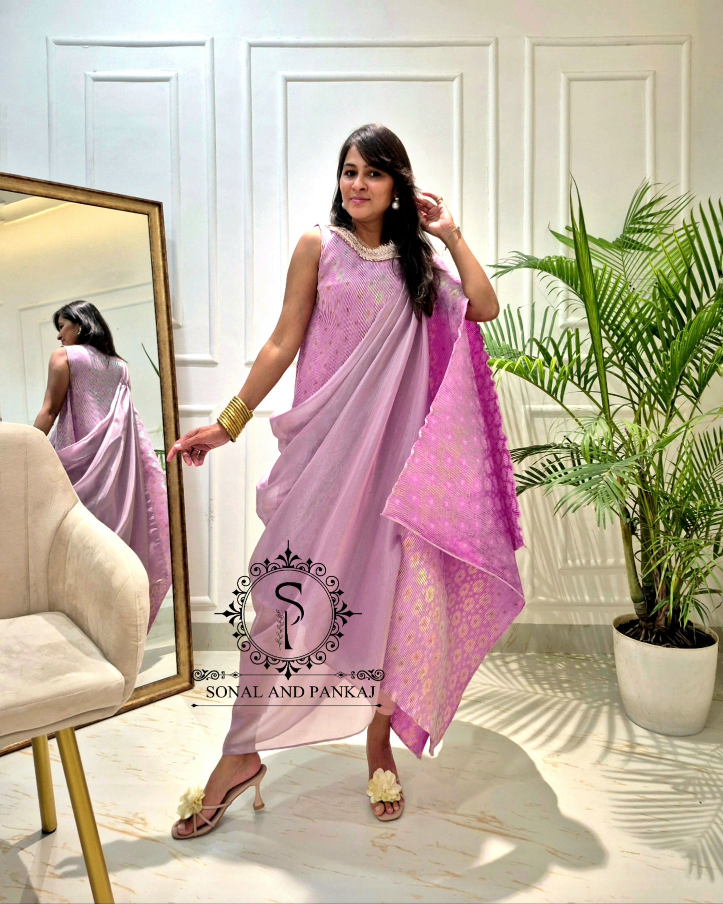 Lusty Lavender Metallic Pleated Resort Wear Kaftan With Cowl Cape - RW01644