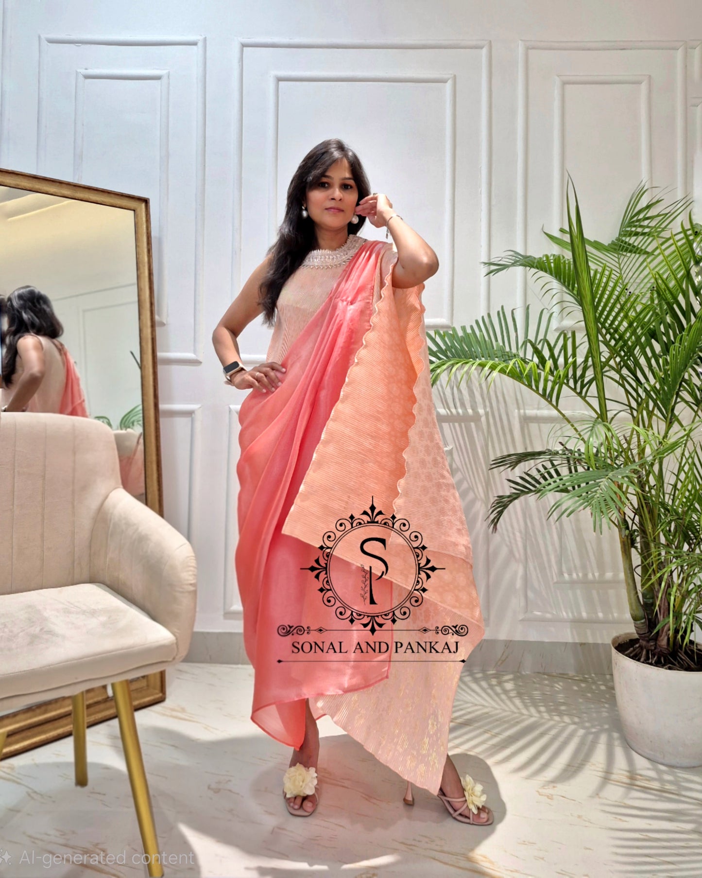 Sun Kissed Peach Metallic Pleated Resort Wear Kaftan With Cowl Cape - RW01643