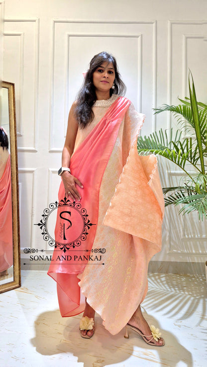 Sun Kissed Peach Metallic Pleated Resort Wear Kaftan With Cowl Cape - RW01643