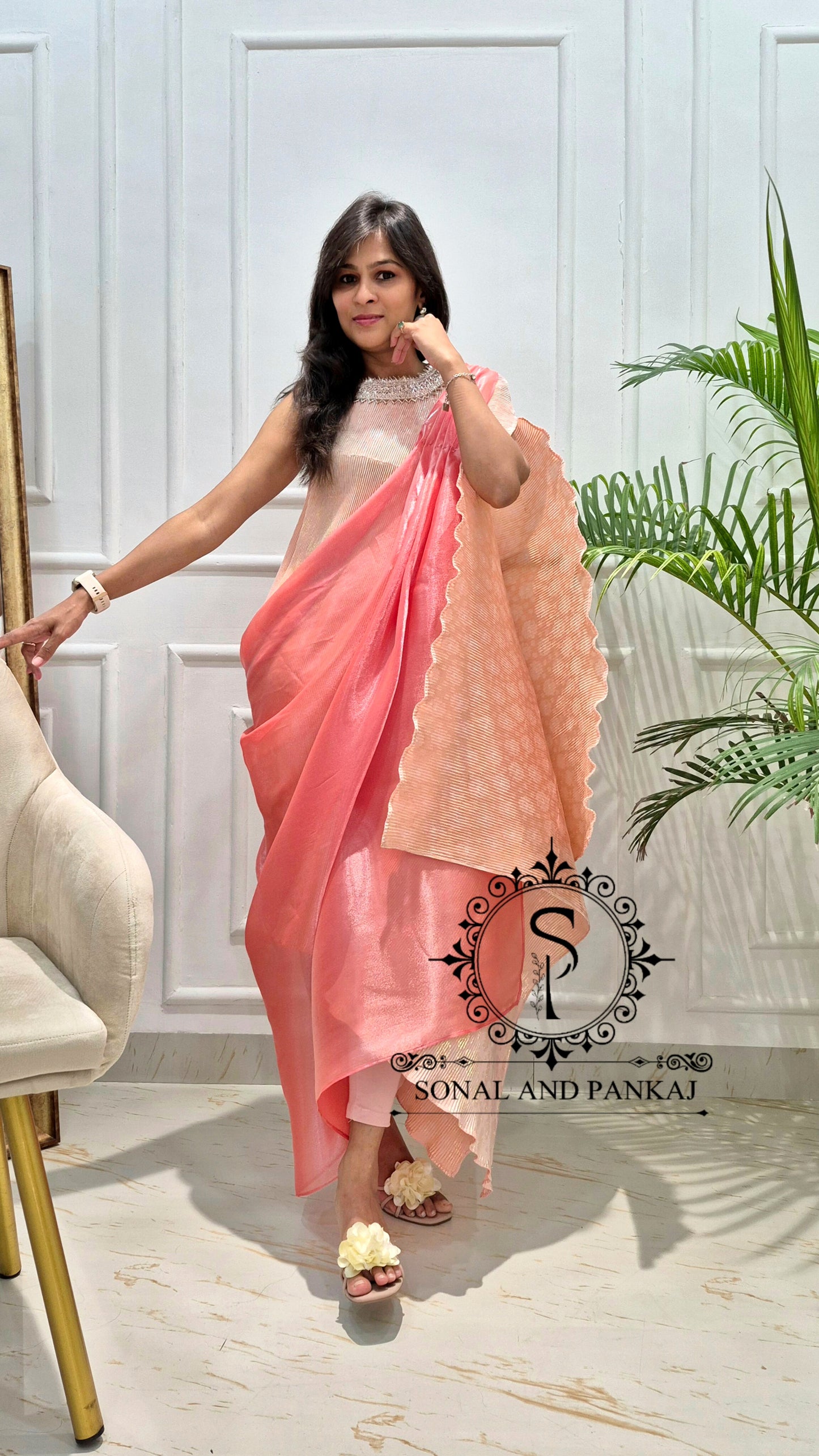 Sun Kissed Peach Metallic Pleated Resort Wear Kaftan With Cowl Cape - RW01643