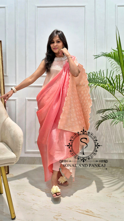 Sun Kissed Peach Metallic Pleated Resort Wear Kaftan With Cowl Cape - RW01643