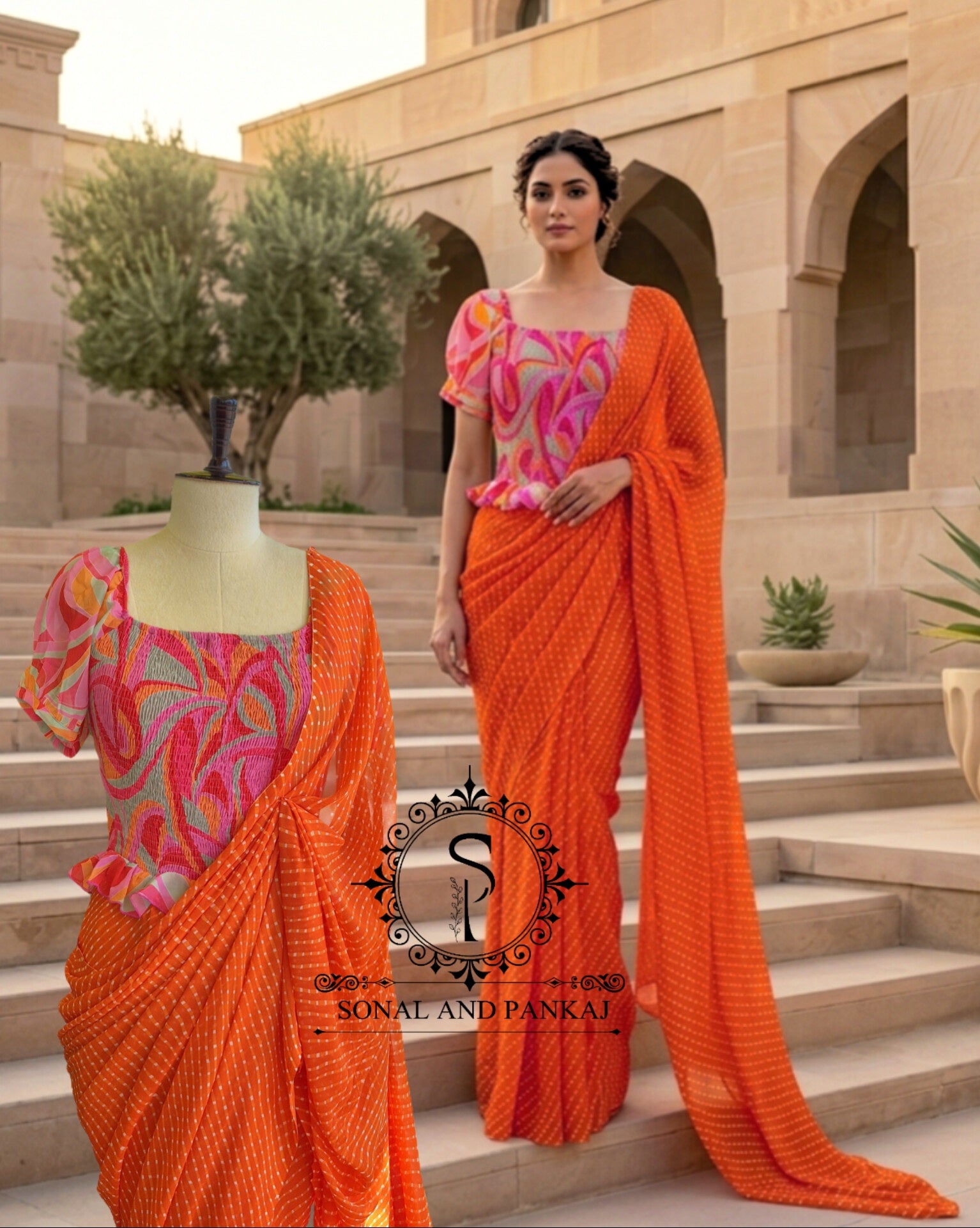 Abstract Print Smocking Top & Orange Moothra Saree On Sale - SA01697