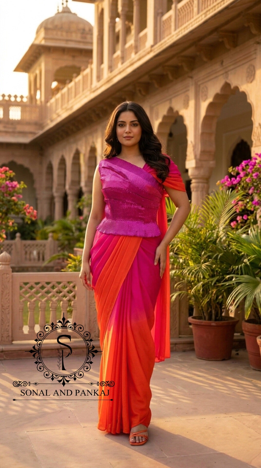 Desi Girl Vibe - Raspberry Sunset Sorbet Pre-pleated Saree - SA01714