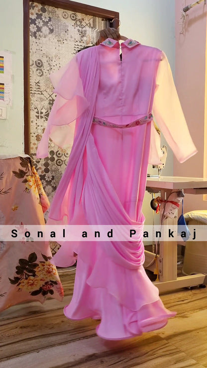 Baby Pink Hand Embroidered Ready To Wear Gown Saree - SA01228