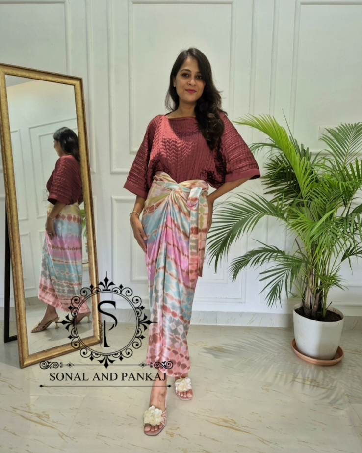 The Marsala Pleated Kaftan Top  & Shibori Twist & Tie Co-Ord - CO01818