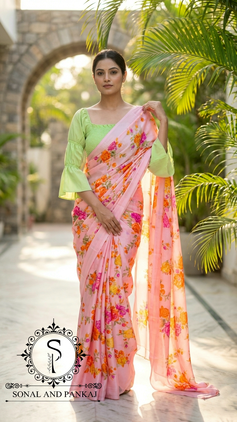 Green Smocking Top & Peach Floral Print Saree - SA01664