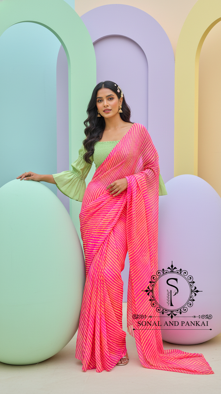 Green Smocking Top & Pink Leheriya Saree 2.0 - SA01696