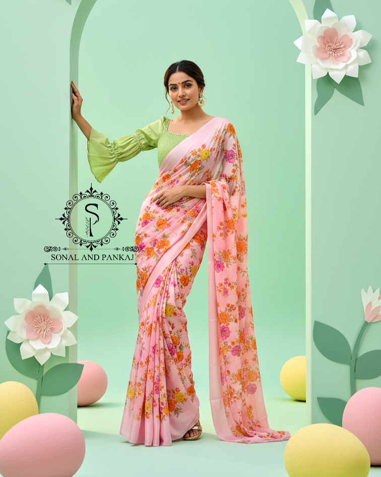 Green Smocking Top & Peach Floral Print Saree - SA01664